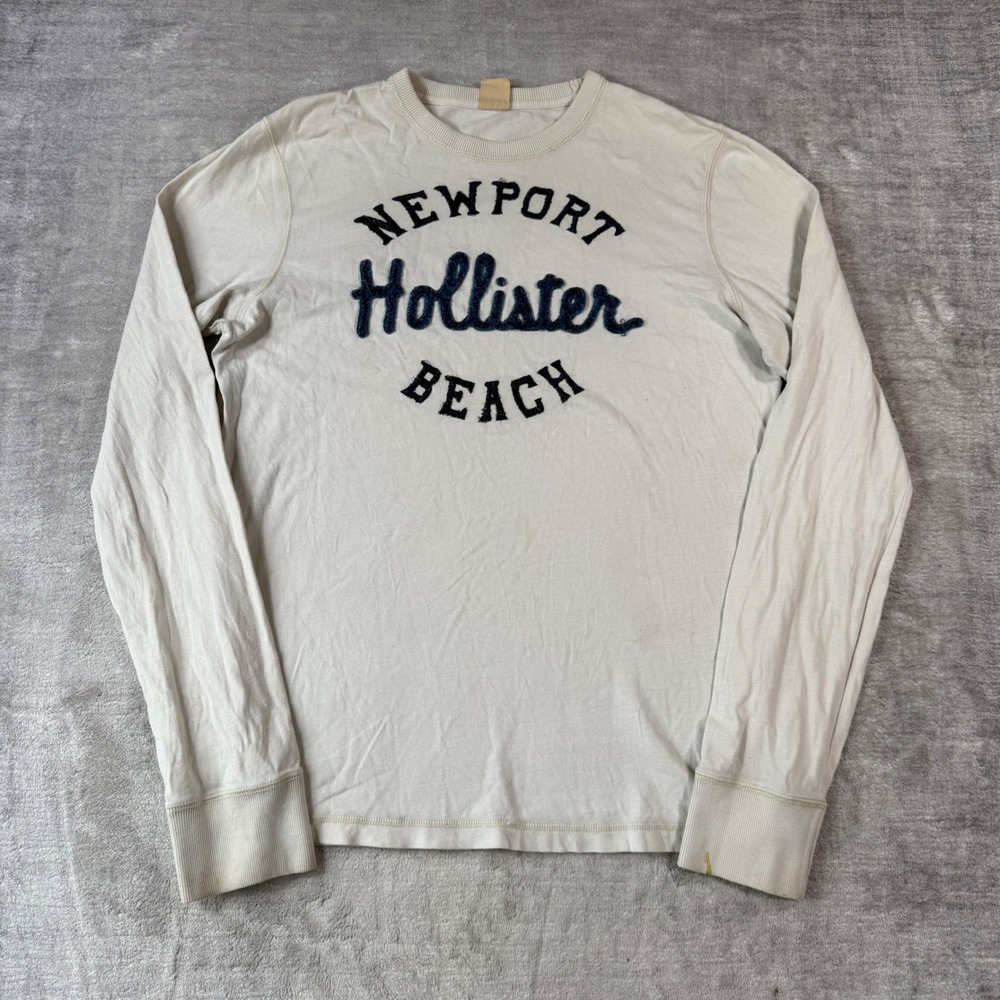 Hollister Shirt Mens Large Cream Newport Beach Long Sleeve Y2K Embroidered Logo